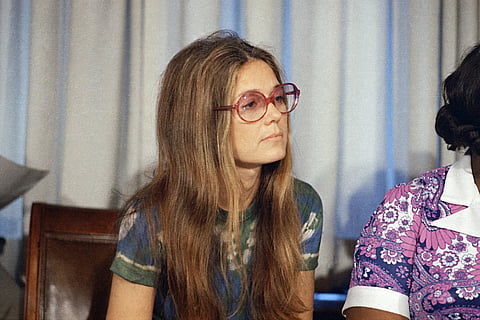 Steinem attending a news conference at the American Civil Liberties Union office in 1973 New York