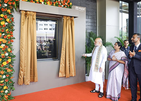 Amit Shah with CM Rekha Gupta at the Max Smart Super Speciality Hospital.