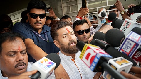 Union Minister and Lok Janshakti Party (Ram Vilas) President Chirag Paswan speaks to the media in Patna on Monday, Aug. 31, 2026.