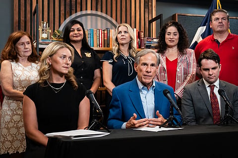 Texas Gov. Greg Abbott speaks at a press conference addressing foreign influence in public education at the Texas Public Policy Foundation in Austin, Tuesday, Aug. 18, 2026.