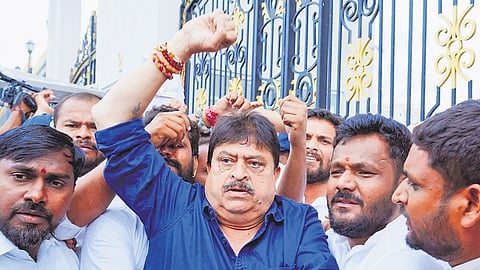 BJP state chief N Ramchander Rao leads a march towards the state Sectretariat to submit representations signed by over 8 lakh students demanding immediate reimbursement of long pending fee dues.