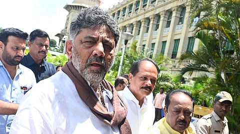 Chief Minister DK Shivakumar arrives at Vidhana Soudha in Bengaluru to attend the cabinet meeting on Thursday.
