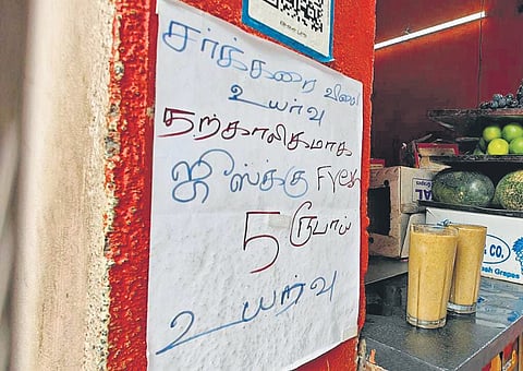 A shop in Chetpet has cited the sugar price rise as the reason for a Rs 5 increase per juice serving | Express