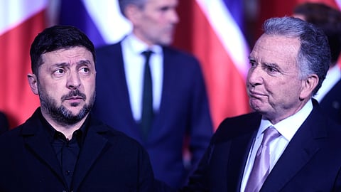 Ukraine's President Volodymyr Zelenskyy, left, and Steve Witkoff, special envoy of the United States, meet at the chancellery in Berlin, Germany, on Dec. 15, 2025.