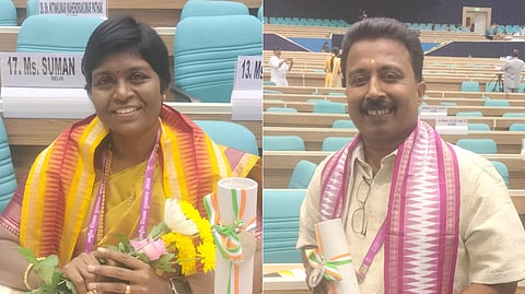(L-R) J Amutha, a teacher at Kendriya Vidyalaya in Tamil Nadu's Madurai, and Sunil Kumar KP, a teacher at Government Higher Secondary School in Kerala's Irikkur, were among the recipients.