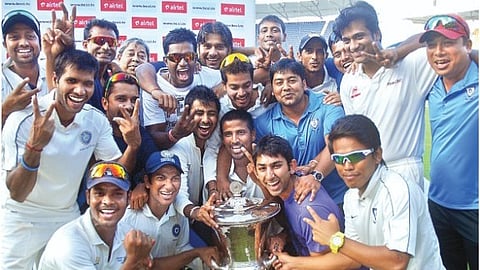 The victorious East Zone team with the trophy at the MA Chidambaram Stadium in 2012, the last time they won the tournament