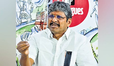 AP JAC Amaravati chairman Bopparaju Venkateswarlu during the AP Dialogues in Vijayawada on Friday.