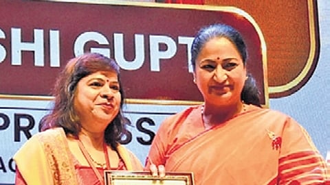 CM Rekha Gupta during the ceremony at Thyagaraj Stadium on Saturday | Express