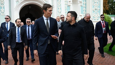 In this photo provided by the Ukrainian Presidential Press Office, Ukraine's President Volodymyr Zelenskyy, right, and U.S. President Donald Trump's envoy Jared Kushner talk in Kyiv, Ukraine, Sunday, September 6, 2026.