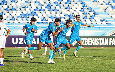 Indian players celebrate a goal during their AFC U20 Asian Cup qualification tie on Sunday