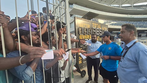 Vaibhav Sooryavanshi signs some autographs after the day's play in Chennai