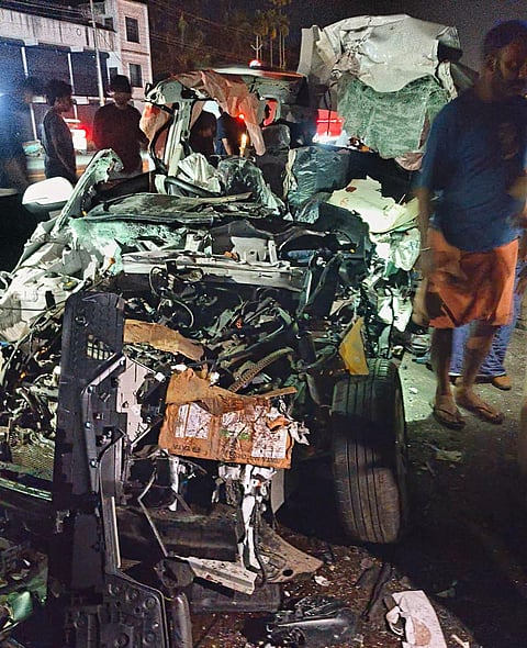 Mangled remains of the car, which rammed to a lorry, killing 8 persons.