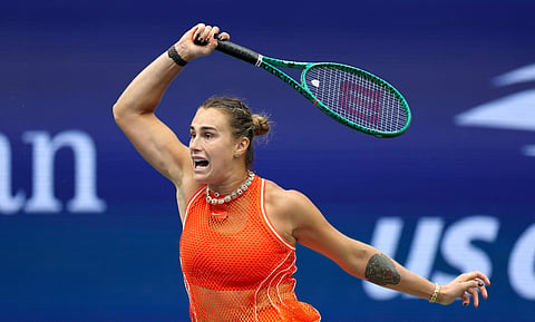 Aryna Sabalenka hits a return against Taylor Townsend during their women's singles Round of 16 meeting on Sunday