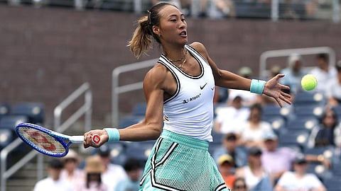 Qinwen Zheng hits a return to USA's Madison Keys during their women's singles third round tennis match on day seven of the US Open tennis tournament at the USTA Billie Jean King National Tennis Center in New York City on September 5, 2026.