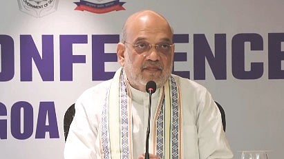 Union Home Minister Amit Shah addressing a press conference in Panaji, Goa.