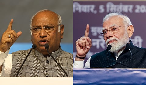 Prime Minister Narendra Modi (R) and Congress president Mallikarjun Kharge.