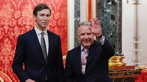 U.S. President Donald Trump's envoys Steve Witkoff, right, and Jared Kushner wait to attend the talks with Russian President Vladimir Putin at the Senate Palace of the Kremlin in Moscow, on Saturday, Sept. 5, 2026.