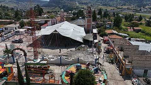 Areal view of the area destroyed by a fireworks explosion by the Santa María Canchesdá church in Temascalcingo, Mexico, Sunday, Sept. 6, 2026.