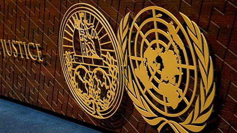 The logo of the International Court of Justice displayed on the judges' bench, in The Hague, Netherlands, May 4, 2026.