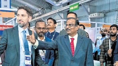 ISRO Chairman V Narayanan with Indian National Space Promotion and Authorisation Centre Chairman Pawan Goenka at US Consulate General stall during the inaugural session of 9th Bengaluru Space Expo 2026, in Bengaluru | PTI
