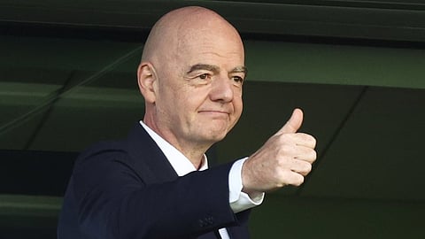 FIFA President Gianni Infantino arrives to attend the opening game of the Women's U20 World Cup opening match between Poland and Argentina in Katowice, Poland, Saturday, Sept. 5, 2026.
