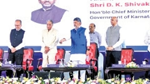 Chief Minister DK Shivakumar with Gokul Education Foundation Board Chairman and Vice-Chancellor Dr MR Jayaram, foundation president Dr MR Seetharam, board member Dr MM Pallam Raju and Albany University President Havidan Rodriguez during the inauguration of RISM near Bengaluru on Monday
