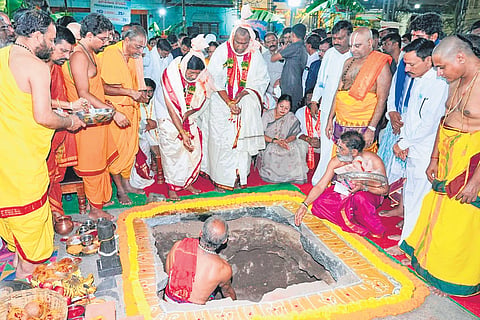 Deputy Chief Minister Mallu Bhatti Vikramarka & Social Welfare Minister Adluri Laxman Kumar perform bhoomi pooja for renovation of the historic Ugra Narasimha Swamy temple at Dharmapuri in Jagtial district on Monday