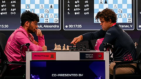 Magnus Carlsen and Alireza Firouzja during their match in the fourth edition of the GCL on Tuesday