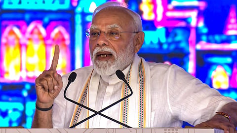 In this screengrab from a video posted on Sept. 8, 2026, Prime Minister Narendra Modi addresses the inauguration and foundation stone laying of Rs 35,000 crore development projects at an event, in Vadodara, Gujarat.