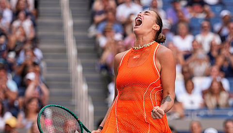 Aryna Sabalenka rejoices after her victory over Elena Noskova