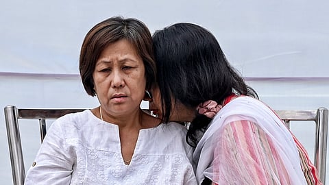 Family members and relatives of a 54-year-old musician address the media, at Manipur Bhavan, in New Delhi, Tuesday, Sept. 8, 2026. The 54-year-old musician (guitarist) was allegedly assaulted by a group of delivery workers and dhaba staff after he objected to them shouting and drinking alcohol outside his apartment in Kilokari village.