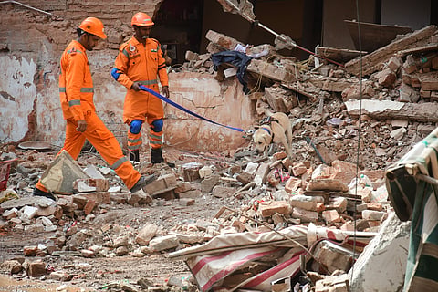 Rescue operation still continuing where a five-storey building collapsed at Satya Niketan area, in Moti Bugh, New Delhi, Monday, Sept. 7, 2026