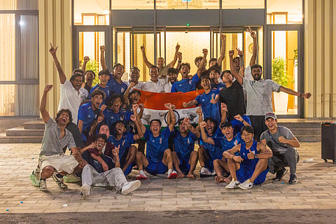 Indian players, coaches and staff celebrate after qualifying to the U20 Asian Cup
