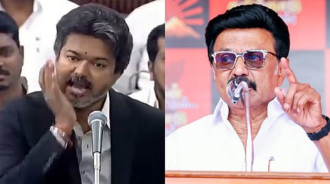 (L) Tamil Nadu Chief Minister C Joseph Vijay gestures during his address in the Tamil Nadu Assembly. (R) Former CM and DMK chief MK Stalin speaks at an event.