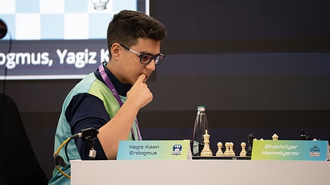 Yagiz Kaan Erdogmus in action against Shakhriyar Mamedyarov (not in picture) on Day Two of the tournament. The Turkish was playing his coach