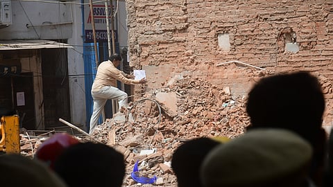 Rescue operation still continuing where a five-storey building collapsed at Satya Niketan area, in Moti Bugh, New Delhi, Monday, Sept. 7, 2026