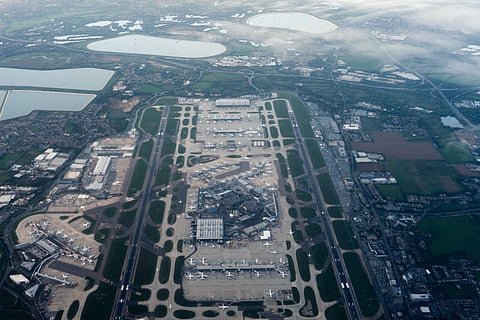 FILE- Heathrow Airport is seen from an airplane, Oct. 6, 2025, in London.