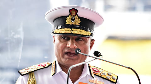 Chief of the Naval Staff (CNS) Admiral Krishna Swaminathan speaks during the commissioning ceremony of INS Nipun at Tiger Gate, Naval Dockyard, in Mumbai, Aug 31, 2026.