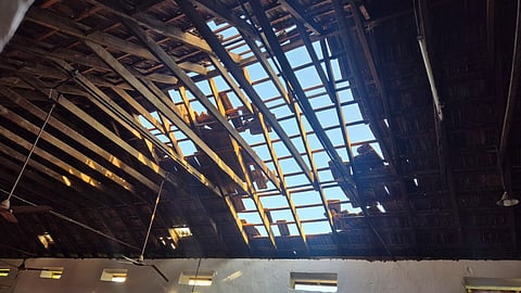 Roof tiles damaged at Sree Narayana High School in Okkal due to the thrust of a flight landing at CIAL on Tuesday night.