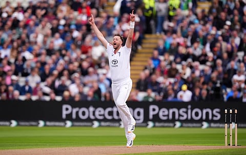 England’s Ollie Robinson appeals, during day one of the third cricket test match between England and Pakistan, at Edgbaston, in Birmingham, England, Wednesday, Sept. 9, 2026.