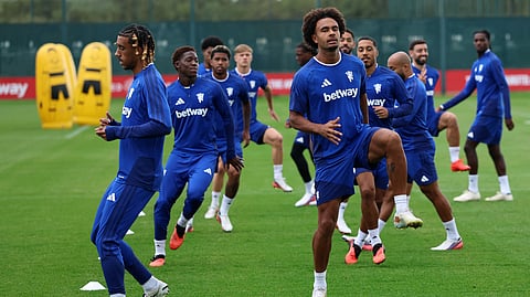 Manchester United players in a training session. They will take on first-timers Sabah on Thursday night