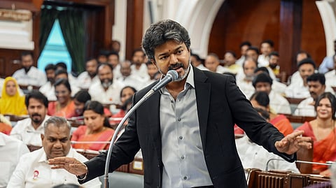 Tamil Nadu Chief Minister C Joseph Vijay speaks during a debate in the state Legislative Assembly in Chennai on Monday, Sept. 07, 2026.