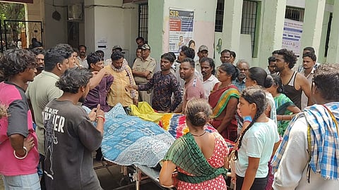 Family members of the deceased and villagers staging protest outside the collectors office.