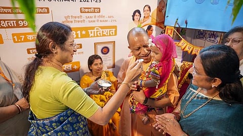 Union Minister Annpurna Devi (L) and Uttar Pradesh Chief Minister Yogi Adityanath during the launch of the 9th Rashtriya Poshan Maah 2026.