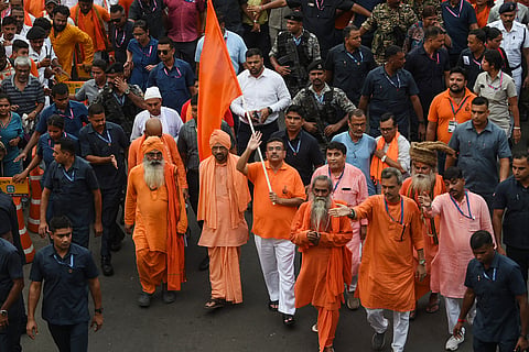 West Bengal Chief Minister Suvendu Adhikari takes part in Gerua Samman Yatra, in Kolkata on Wednesday.