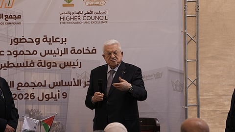 Palestinian President Mahmoud Abbas attends the inauguration ceremony of the Innovation and Excellence Compound in the West Bank city of Ramallah, Wednesday, Sept. 9, 2026.