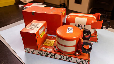 This photo provided by the NTSB on Tuesday, Sept. 8, 2026, shows the flight data recorder from the Amazon cargo jet that barreled off a runway at Miami International Airport.