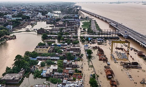 An aerial view of a residential area inundated with floodwaters following the rise of the Ganga river, in Patna, Bihar, Thursday, Sept. 10, 2026.
