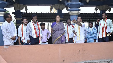 Amaravati Development Corporation (ADC) Chairperson and Managing Director D. Lakshmi Parthasarathy inspects the temple premises alongside senior officials.