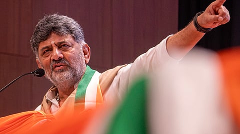 CM DK Shivakumar speaks during the Bharat Jodo Yatra 4-year anniversary celebrations in Bengaluru on Wednesday.